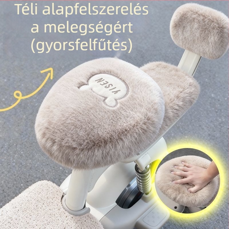 Elektromos kerékpár ülésvédő készlet nyusziplüsszel, hímzéssel, megnövelt melegséggel, velúr töltettel és kavicsos bőrfelülettel — három részes készlet