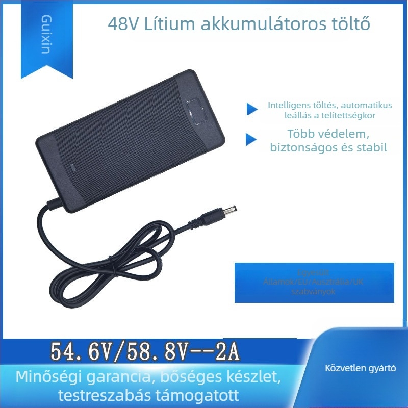 Okos töltő elektromos rollerhez 54.6V/58.8V, 2A – bemenet 100–240V AC, CE/FCC/ROHS, Polimer lítium akkumulátor töltő