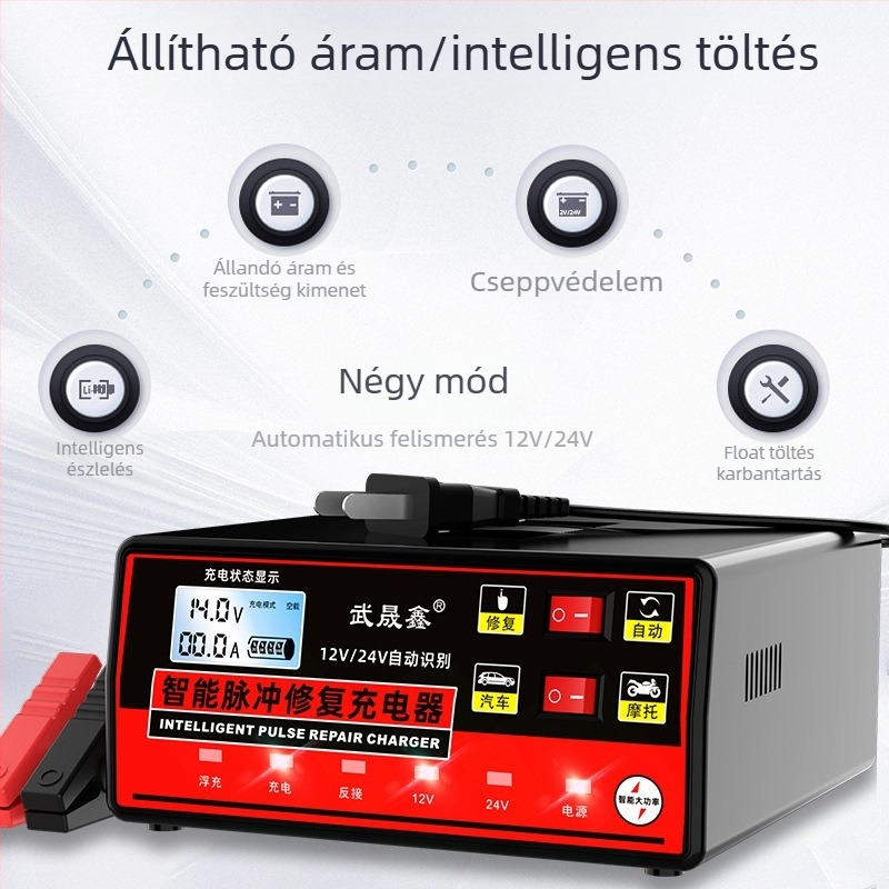 Autóakkumulátor töltő 12-24V, intelligens pulzus, univerzális, nagy teljesítmény