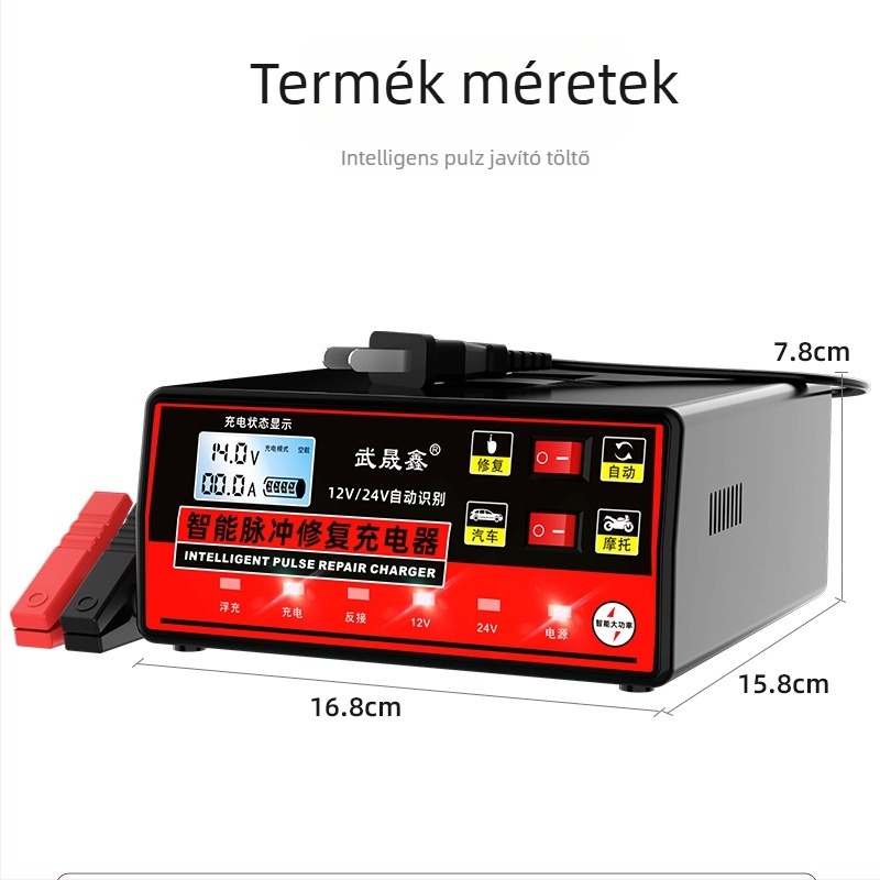 Autóakkumulátor töltő 12-24V, intelligens pulzus, univerzális, nagy teljesítmény