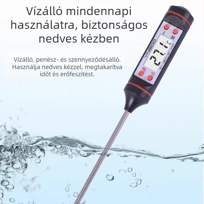 TP101 élelmiszerhőmérő — kézben tartható, 304 rozsdamentes acélból; méri a víz és tej hőmérsékletét; modell TP101, márka New Corey