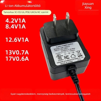 Li-ion akkumulátortöltő színpadi világításhoz és klímázott ruházathoz — kimenetek 4.2V/1A, 8.4V/1A, 12.6V/1A; bemenet AC100-240V; teljesítmény 15W