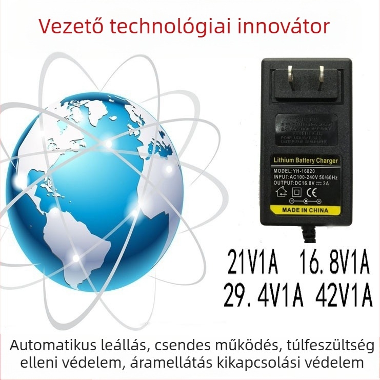 Yuehui lítiumion akkumulátortöltő elektromos szerszámokhoz és fascia gunokhoz, bemenet 100-220V, kimenetek 8.4V/12.6V/16.8V/21V
