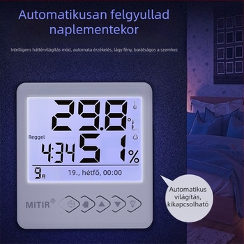 Beltéri falra szerelhető termohigrométer, nagy pontosságú, méri a hőmérsékletet és a páratartalmat (Hőmérséklet és páratartalom mérése)