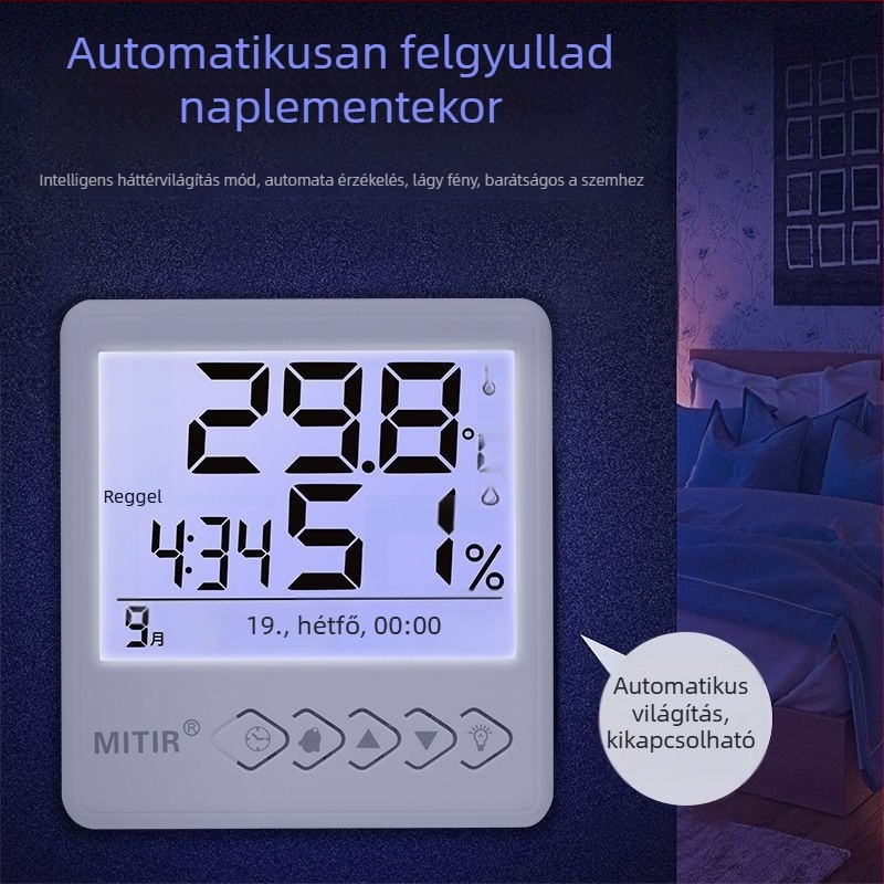 Beltéri falra szerelhető termohigrométer, nagy pontosságú, méri a hőmérsékletet és a páratartalmat (Hőmérséklet és páratartalom mérése)