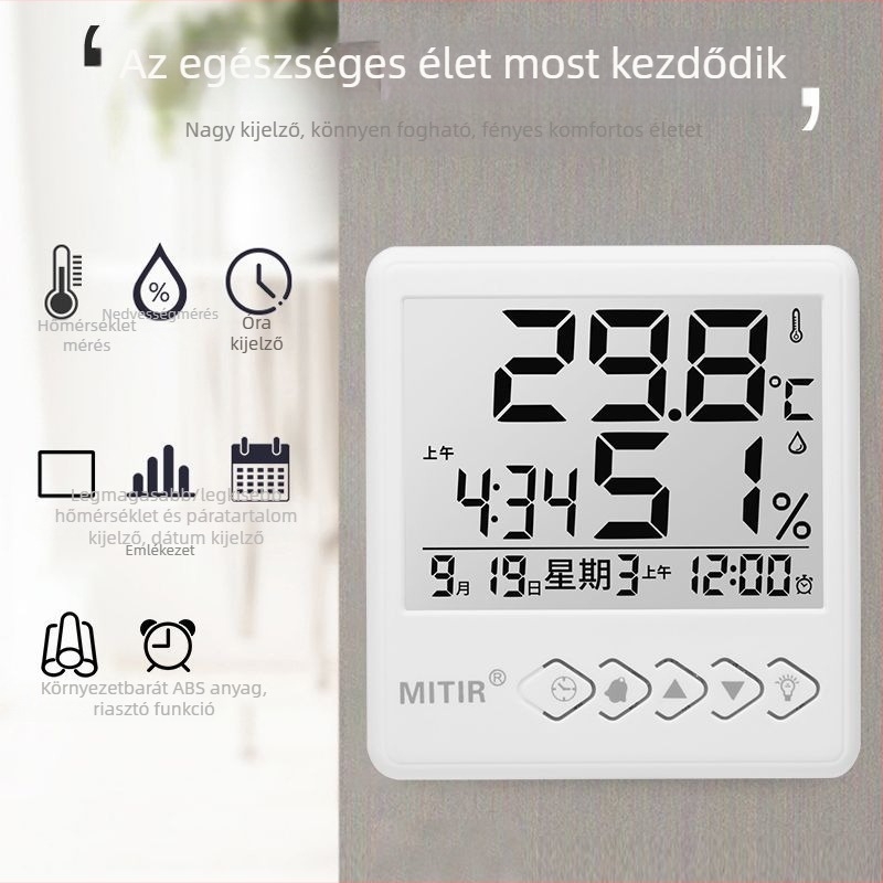 Beltéri falra szerelhető termohigrométer, nagy pontosságú, méri a hőmérsékletet és a páratartalmat (Hőmérséklet és páratartalom mérése)