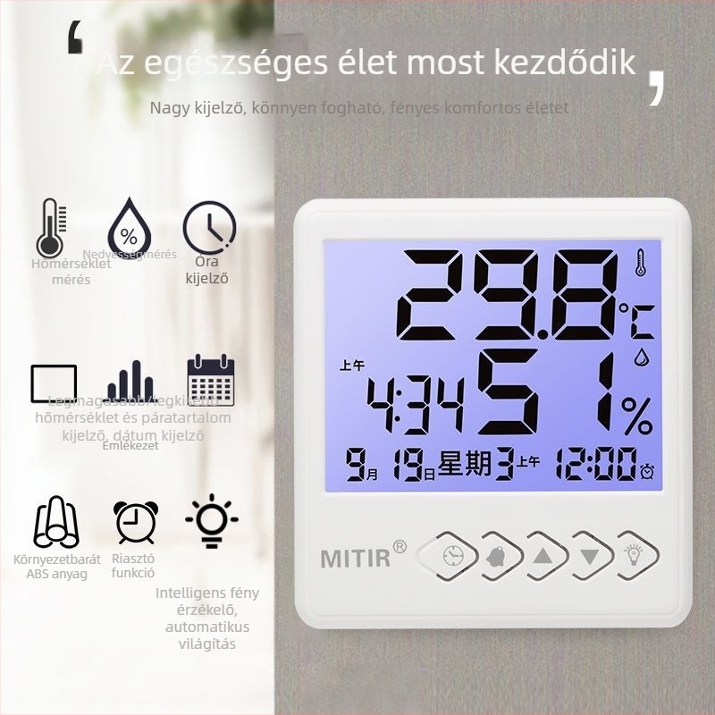 Beltéri falra szerelhető termohigrométer, nagy pontosságú, méri a hőmérsékletet és a páratartalmat (Hőmérséklet és páratartalom mérése)