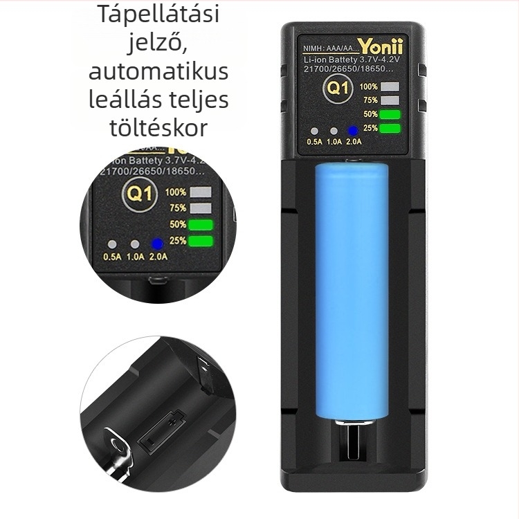 Yonii Q1 Li-ion akkumulátortöltő, egyetlen slot, kompatibilis 18650/26650/21700, bemenet 5V2A, kimenet 4.2V2A