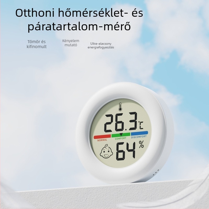 Kerek formájú, digitális hőmérséklet- és páratartalom-mérő mágneses tartóval, CR2032-elem táplált, otthoni környezet monitorozásához.