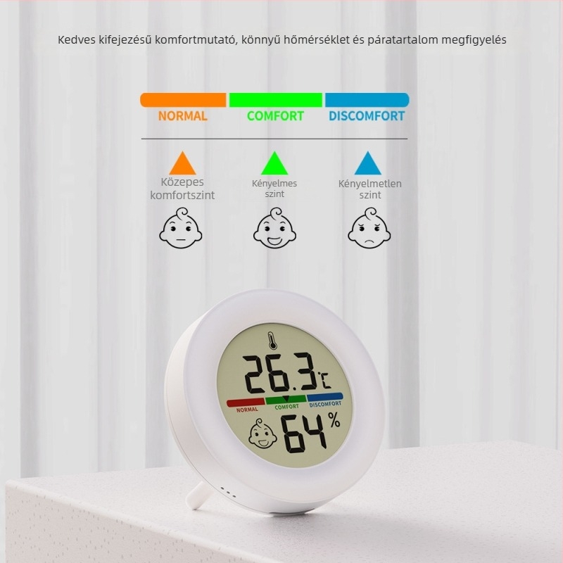 Kerek formájú, digitális hőmérséklet- és páratartalom-mérő mágneses tartóval, CR2032-elem táplált, otthoni környezet monitorozásához.