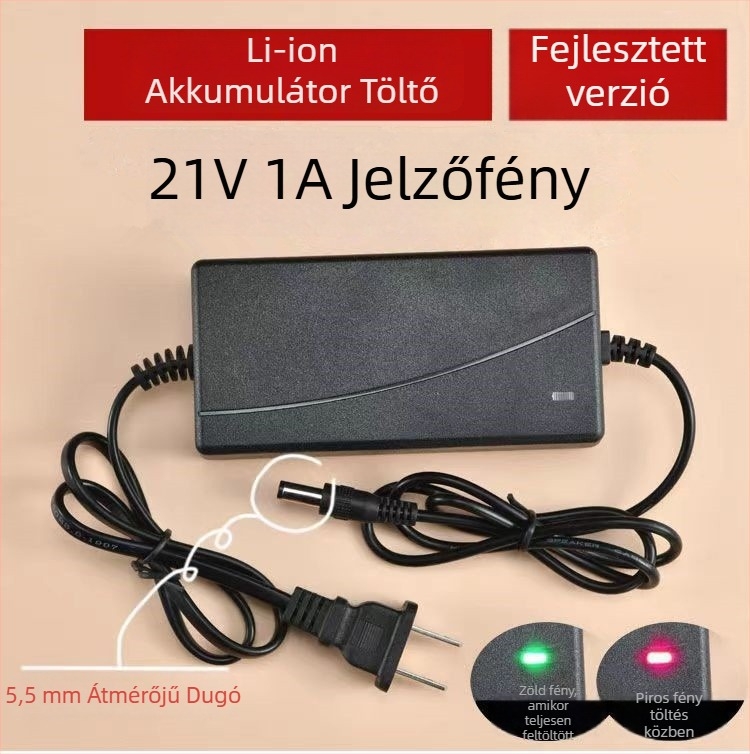 Li-ion akkumulátor töltő szerszámokhoz — 1 slot, bemenet 220V, kimenet 21V, töltési áram 1A, töltési idő 2 óra