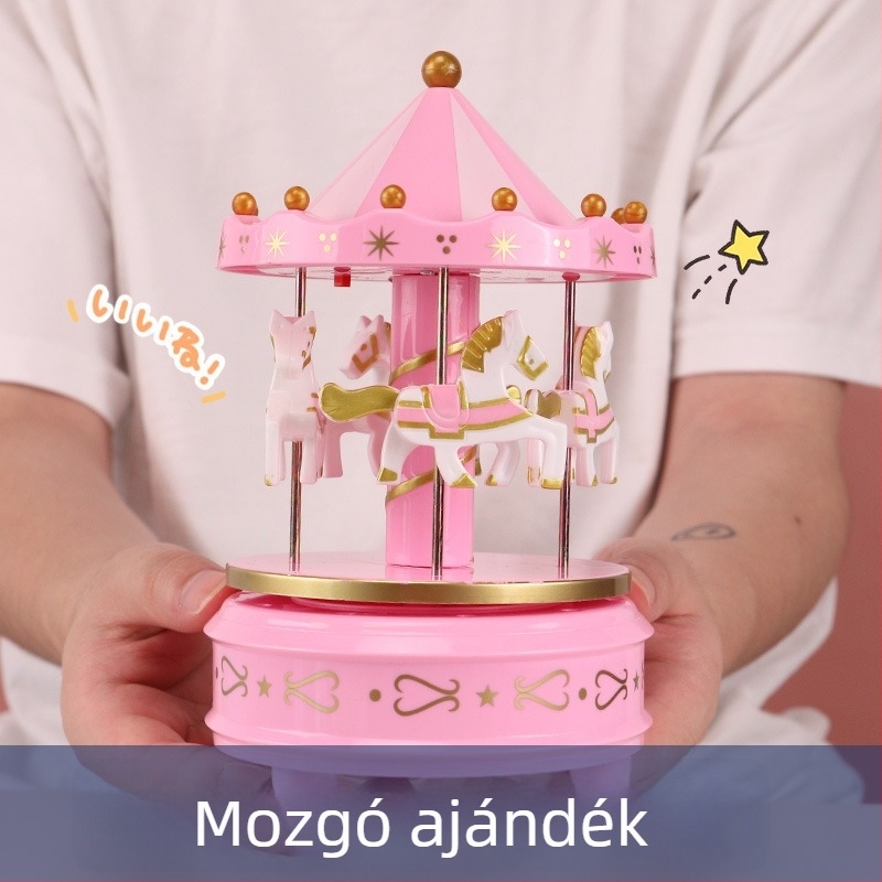 Gyermekeknek szóló felhúzható karusszel zenélődoboz cartoon dizájnnal, nyomtatott logó, injekciós formázott alkatrészek