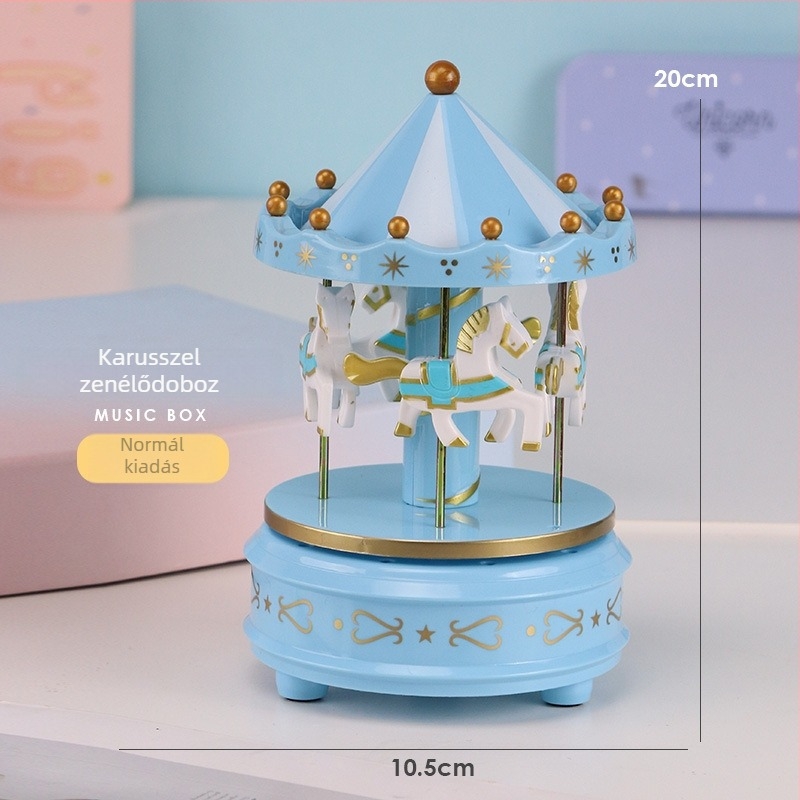 Gyermekeknek szóló felhúzható karusszel zenélődoboz cartoon dizájnnal, nyomtatott logó, injekciós formázott alkatrészek