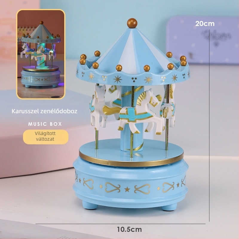 Gyermekeknek szóló felhúzható karusszel zenélődoboz cartoon dizájnnal, nyomtatott logó, injekciós formázott alkatrészek