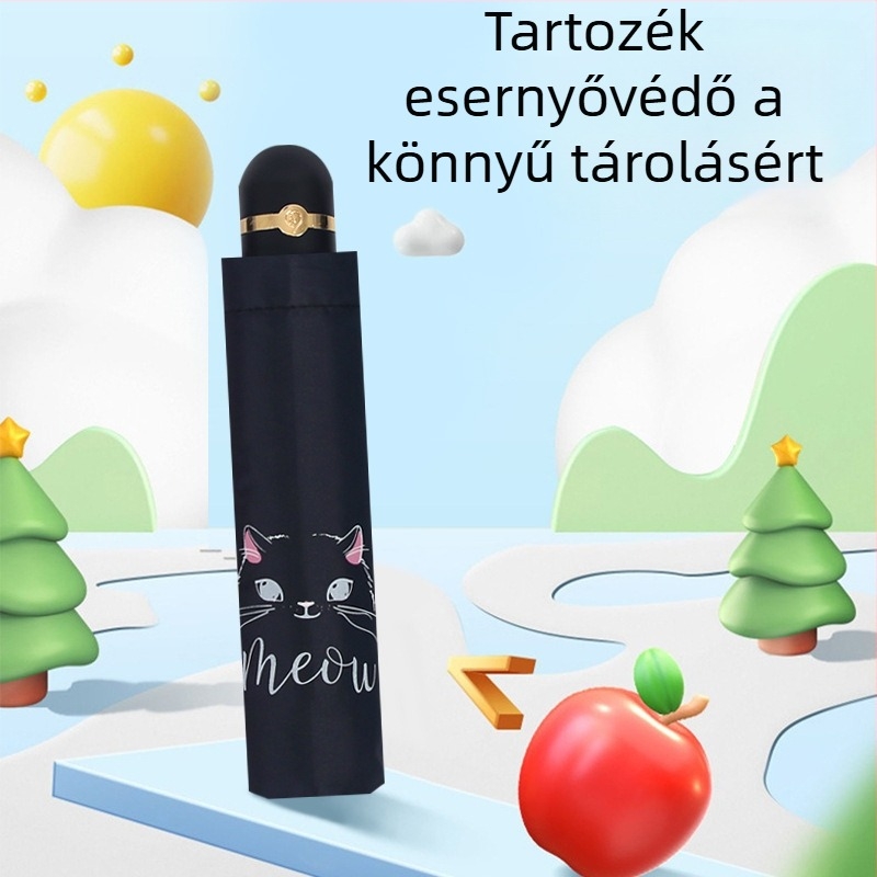 Háromrészes összecsukható esernyő macska rajzfilm dizájnnal, logónyomtatás, UPF>40, 8 acélszerkezetű merevítő, 190T vászon