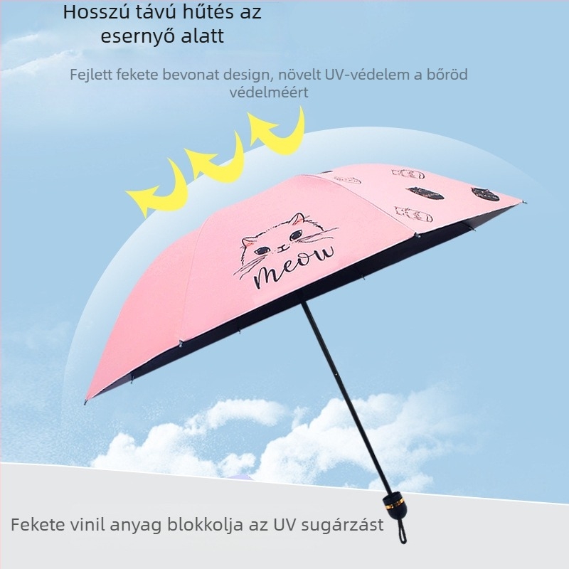 Háromrészes összecsukható esernyő macska rajzfilm dizájnnal, logónyomtatás, UPF>40, 8 acélszerkezetű merevítő, 190T vászon