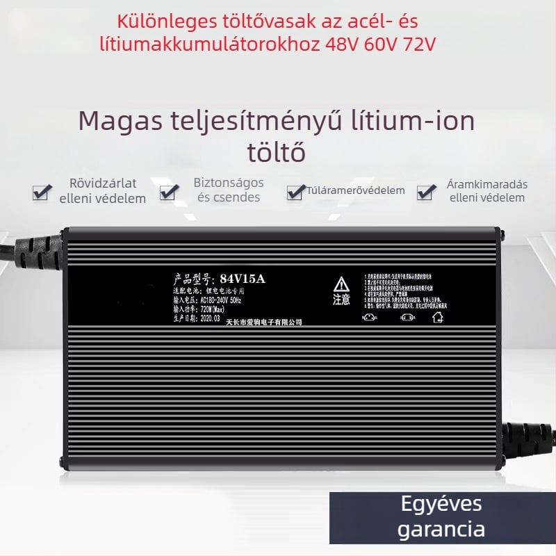 LiFePO4 akkumulátor töltő 60-72V, 15A — sorozat 48-72V, CE tanúsítvány, bemenet 100-240V ~1.7A 50-60Hz