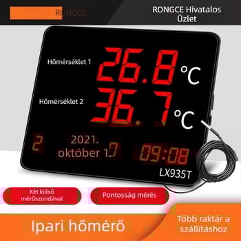 Ipari kettős hőmérséklet- és páratartalom kijelző, nagy kijelző, falra szerelhető LX935T, 0,1° felbontás, hőmérséklet ±0,5°C, páratartalom ±3%, USB 5V tápegység