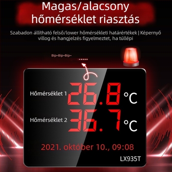 Ipari kettős hőmérséklet- és páratartalom kijelző, nagy kijelző, falra szerelhető LX935T, 0,1° felbontás, hőmérséklet ±0,5°C, páratartalom ±3%, USB 5V tápegység