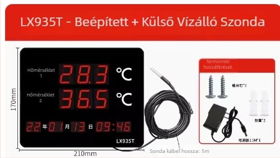 Ipari kettős hőmérséklet- és páratartalom kijelző, nagy kijelző, falra szerelhető LX935T, 0,1° felbontás, hőmérséklet ±0,5°C, páratartalom ±3%, USB 5V tápegység