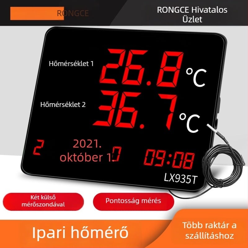 Ipari kettős hőmérséklet- és páratartalom kijelző, nagy kijelző, falra szerelhető LX935T, 0,1° felbontás, hőmérséklet ±0,5°C, páratartalom ±3%, USB 5V tápegység