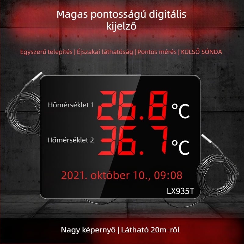 Ipari kettős hőmérséklet- és páratartalom kijelző, nagy kijelző, falra szerelhető LX935T, 0,1° felbontás, hőmérséklet ±0,5°C, páratartalom ±3%, USB 5V tápegység