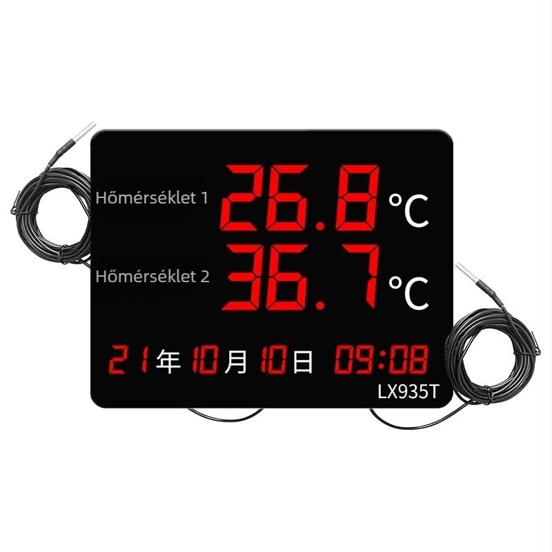 Ipari kettős hőmérséklet- és páratartalom kijelző, nagy kijelző, falra szerelhető LX935T, 0,1° felbontás, hőmérséklet ±0,5°C, páratartalom ±3%, USB 5V tápegység