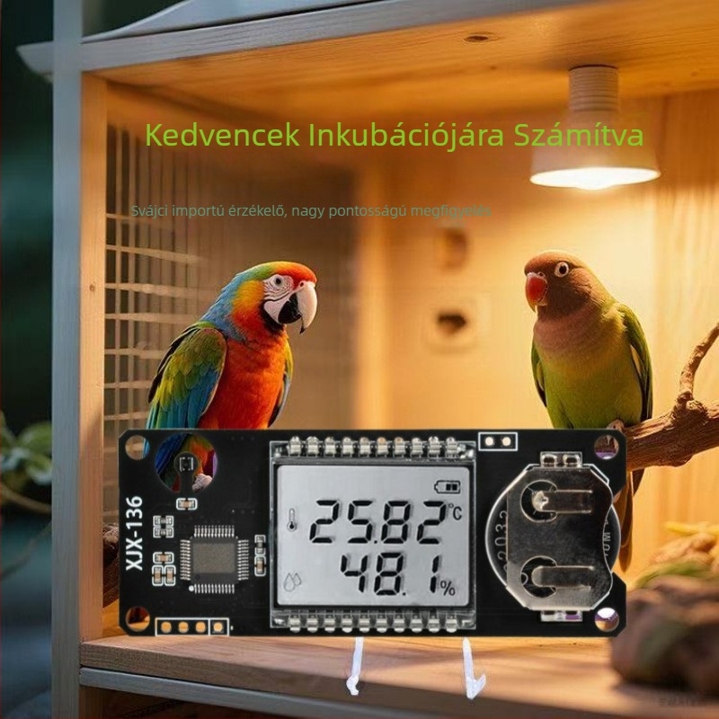Papagáj inkubátorhőmérő és nedvességmérő — nagy pontosság, automatikus kalibráció, működik gombos elemről