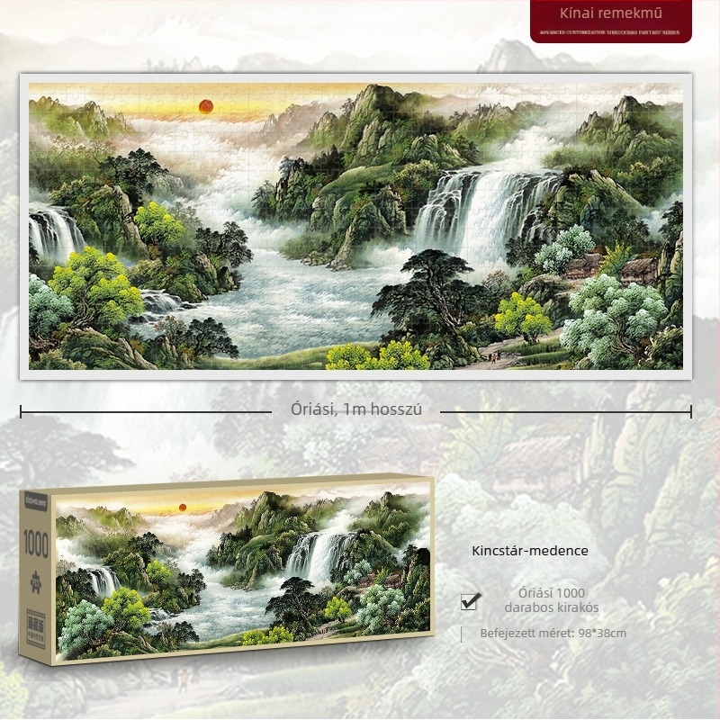 1000 darabos sík puzzle – táj folyók és hegyek; papír alapú; DIY; színes dobozos csomagolás; 15–35 éveseknek.