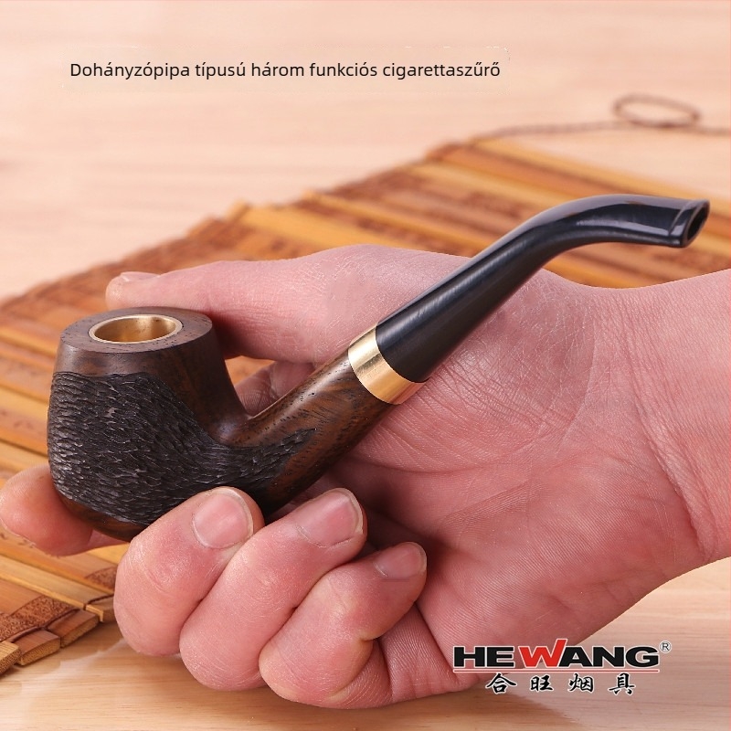 Mahagóni dohánypipe réz tartállyal – kézzel készült, görbe forma, szűrő