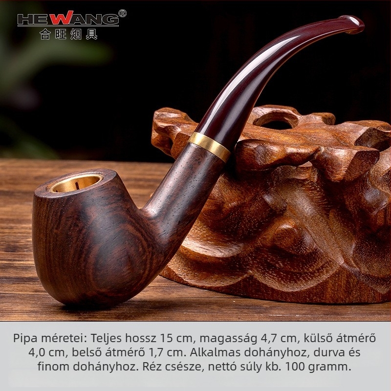 Mahagóni dohánypipe réz tartállyal – kézzel készült, görbe forma, szűrő