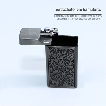 Mini hamutartó relief mintával, karabinerrel és hamuzsákkal, fémből, újrahasználható, logóval testreszabható; ideális kültéri tevékenységekhez