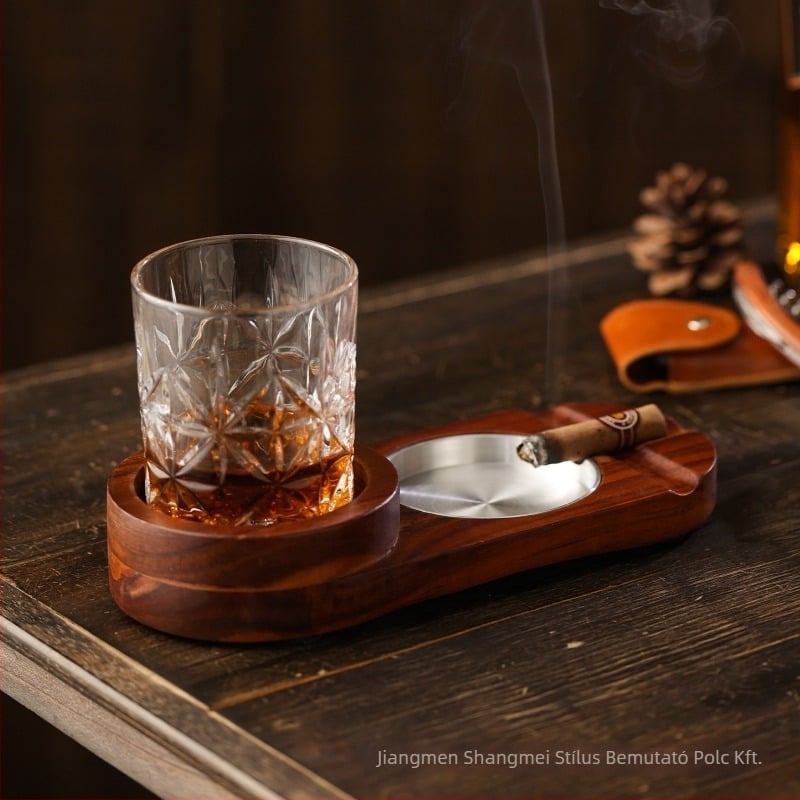 Fa- és alumínium anyagú luxus whisky pohár tartó üvegtálcával, szivaroknak és fiókos hamutartóval — üzleti ajándék Beautiful Style