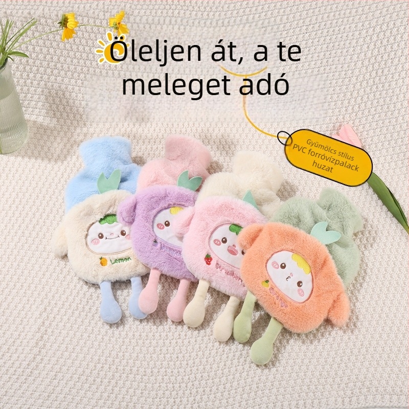 Többméretű plüss melegvíz-tartály velúrburkolattal és PVC-palackkal, régi stílusú cartoon gyümölcs dizájn, méretek 500 ml és 1000 ml