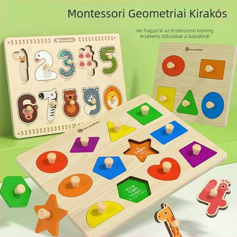 Fából készült kézben tartható kognitív puzzle-panel korai oktatáshoz, 3D puzzle, geometriai formák párosítása, 4-6 éveseknek