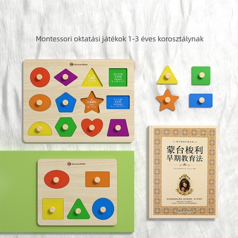 Fából készült kézben tartható kognitív puzzle-panel korai oktatáshoz, 3D puzzle, geometriai formák párosítása, 4-6 éveseknek
