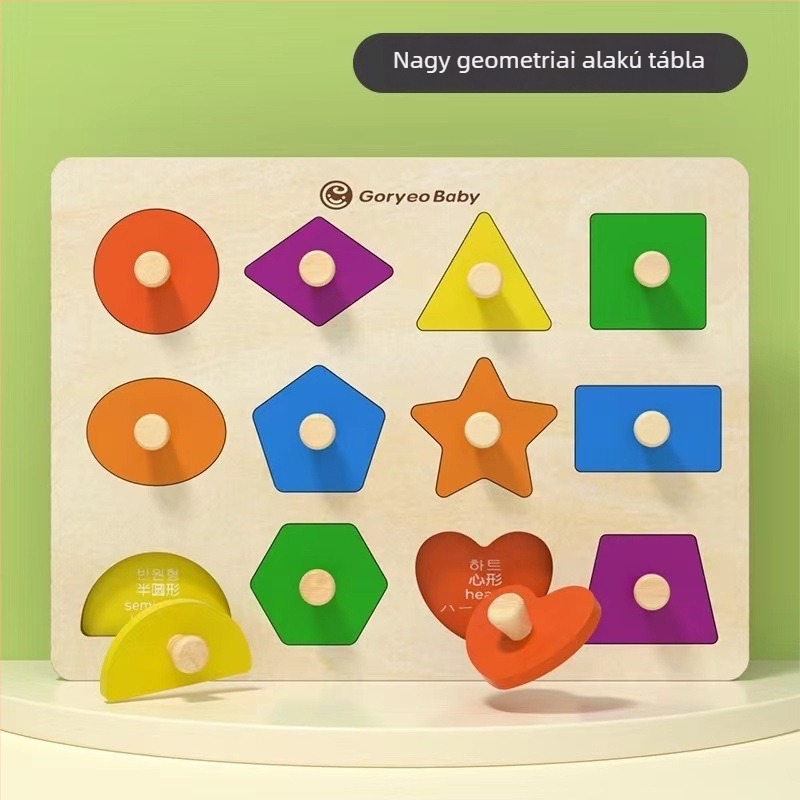 Fából készült kézben tartható kognitív puzzle-panel korai oktatáshoz, 3D puzzle, geometriai formák párosítása, 4-6 éveseknek