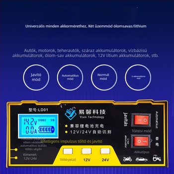 Yi Xin LD01 12V/24V Akkumulátortöltő Autókhoz és Motorkerékpárokhoz, Intelligens Automatikus Javítás, LD01 Sorozat, Bemenet 100-240V AC