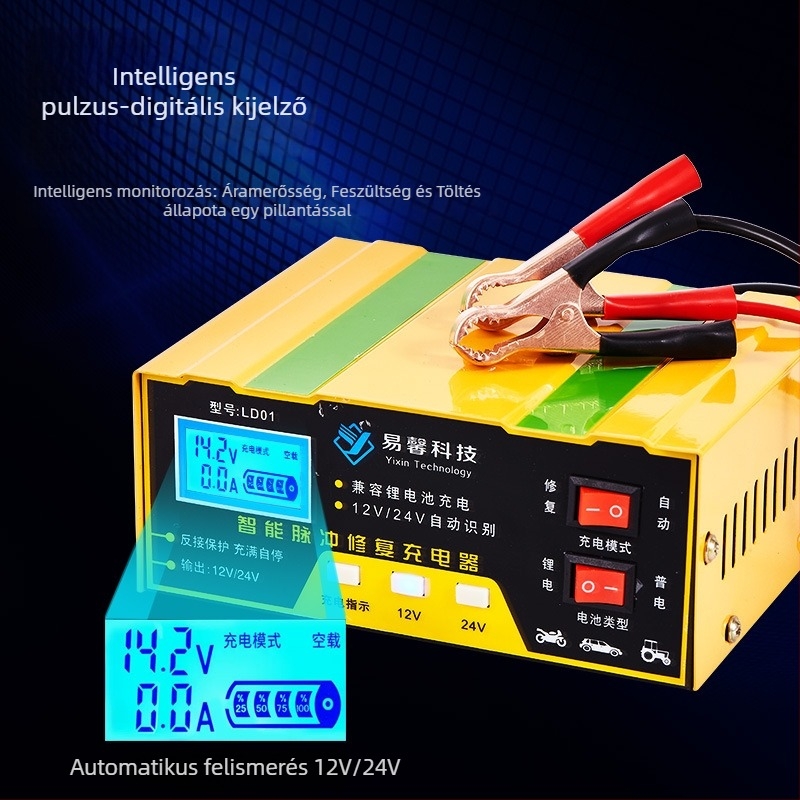 Yi Xin LD01 12V/24V Akkumulátortöltő Autókhoz és Motorkerékpárokhoz, Intelligens Automatikus Javítás, LD01 Sorozat, Bemenet 100-240V AC