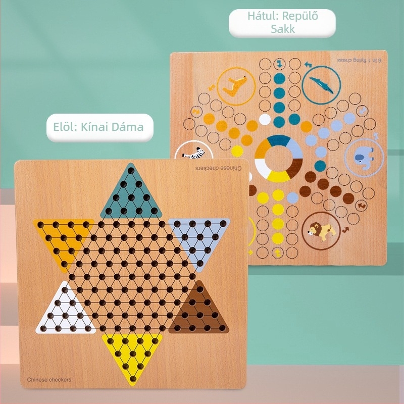 Fából készült, 2 az 1-ben Gomoku és Dáma (Flying Chess) asztali játék gyerekeknek, oktató játék, amely elősegíti a szülő-gyermek interakciót