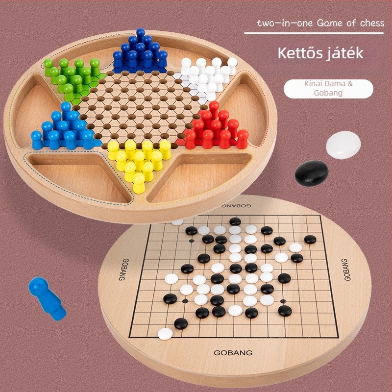 Fából készült, 2 az 1-ben Gomoku és Dáma (Flying Chess) asztali játék gyerekeknek, oktató játék, amely elősegíti a szülő-gyermek interakciót