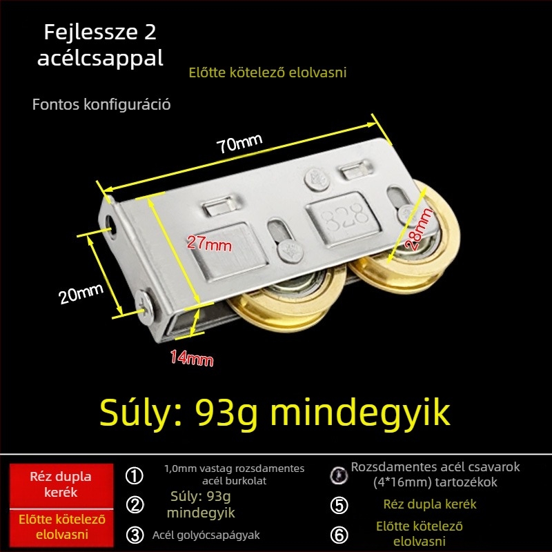 4 db 828 típusú görgő csúszó ajtókhoz és ablakokhoz – alumíniumötvözet, rozsdamentes acél sín
