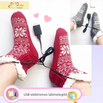 Új USB otthoni lábmelegítő elektromos fűtéssel, cipővédőkkel és karácsonyi meleg zoknik