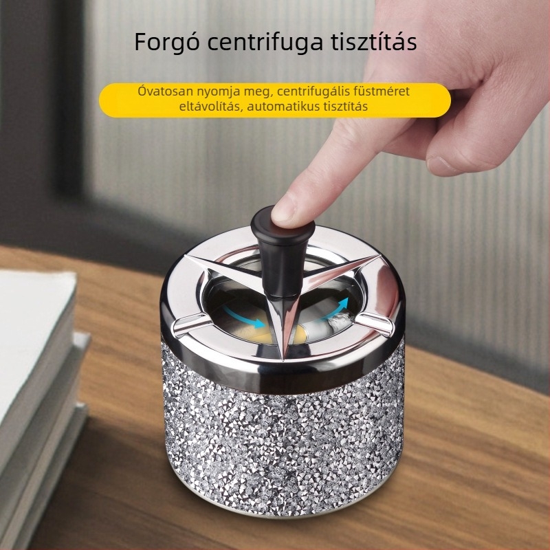 Fém háztartási hamutál, nyomógombos forgó mechanizmus, matt felület, gyűjti és tárolja a hamut, logó nyomtatás elérhető