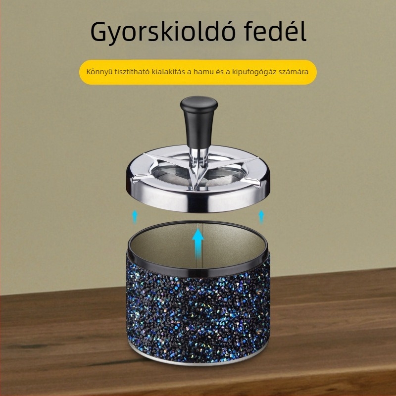 Fém háztartási hamutál, nyomógombos forgó mechanizmus, matt felület, gyűjti és tárolja a hamut, logó nyomtatás elérhető
