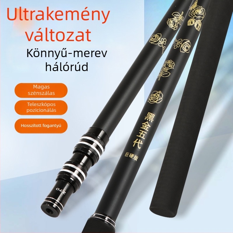 Fekete-arany szálú hálóbot habszivacs fogantyúval, szénszálas kivitel nagy halakhoz
