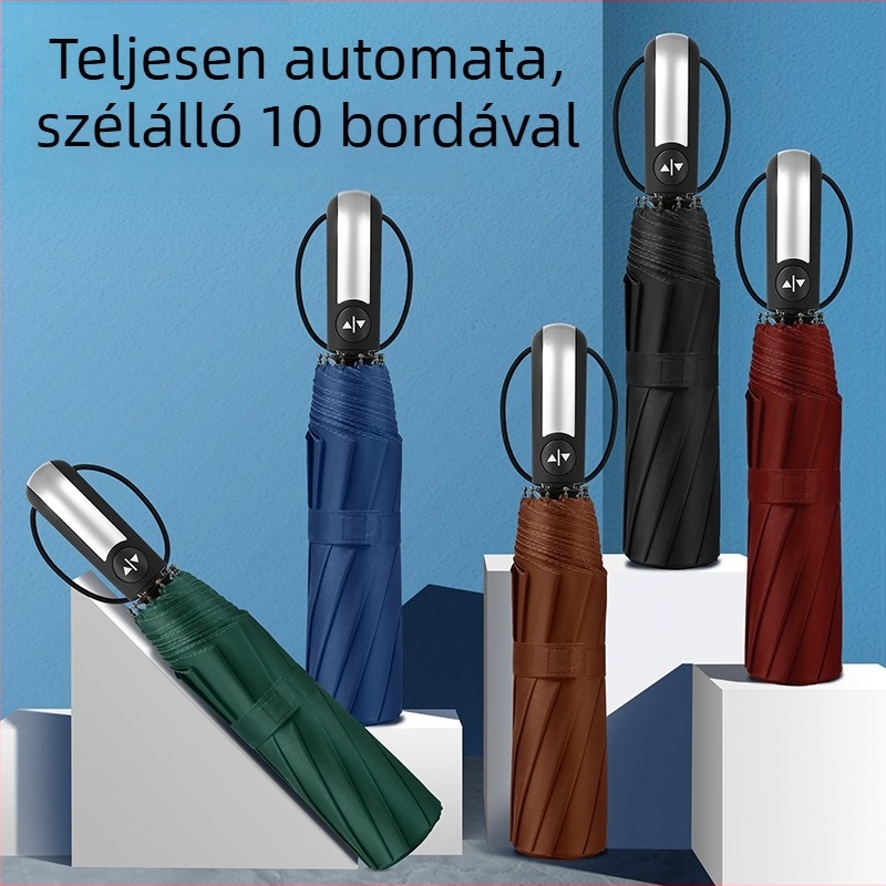 10 bordás automata összecsukható esernyő, UPF50+ napsugárzás elleni védelem, 190T anyagú ponyva, acélcső, gumírozott fogantyú, logónyomás lehetséges