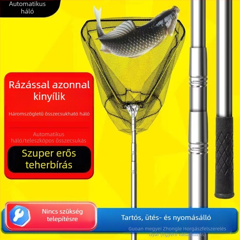 Rozsdamentes acélból készült háromszög alakú összecsukható horgász hálófej készlet, teleszkópos, integrált háló nagy halakhoz