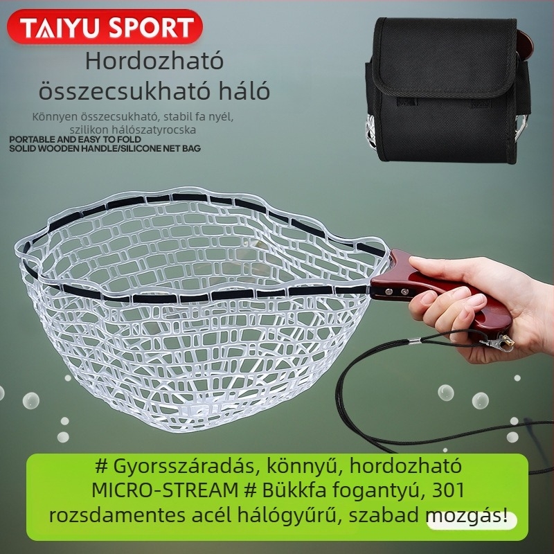 Kis halak befogására szolgáló halászháló készlet összecsukható fa markolattal és szilikon hálós zsebbel (Anyag: rozsdamentes acél + szilikon; Háló: vastag; Nem zsugorodik)