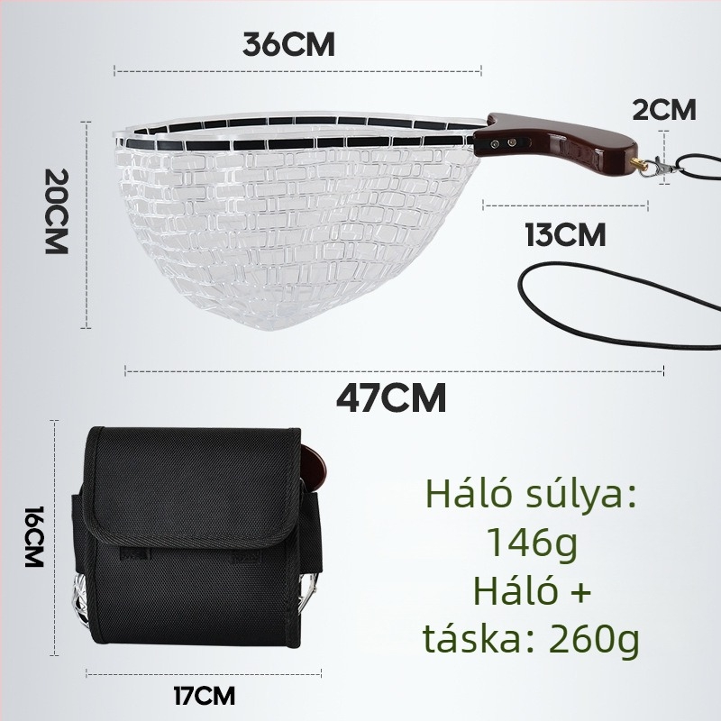 Kis halak befogására szolgáló halászháló készlet összecsukható fa markolattal és szilikon hálós zsebbel (Anyag: rozsdamentes acél + szilikon; Háló: vastag; Nem zsugorodik)